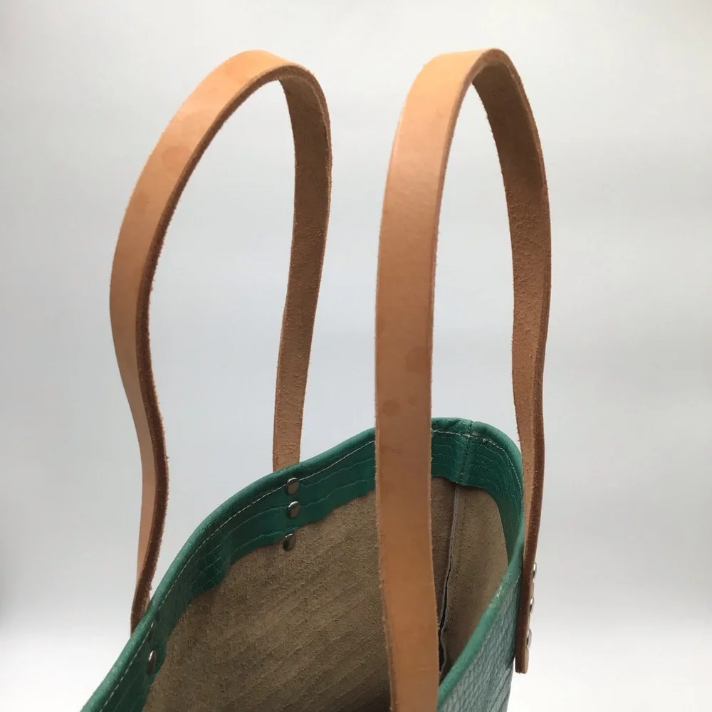 Handmade Tote Bag croc embossed green tan leather large handbag New